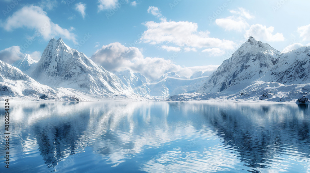 A panoramic view of a snow-covered mountain range with a glacier-fed lake reflecting the azure sky