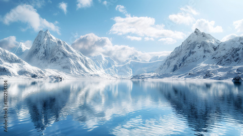 A panoramic view of a snow-covered mountain range with a glacier-fed lake reflecting the azure sky © muhammad