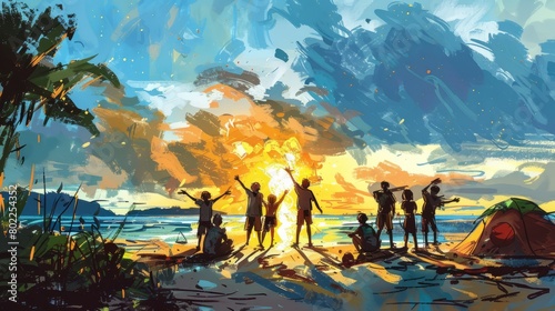 A group of friends are standing on a beach  watching the sunset. The sky is a bright orange  and the waves are crashing gently on the shore.