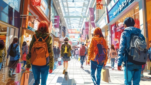 A group of friends walking through a shopping mall. photo
