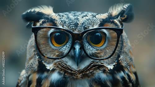 An owl wearing horn-rimmed glasses is looking at the camera with a curious expression