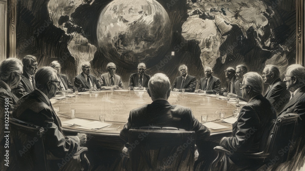 A group of men in suits are sitting around a table having a meeting. A group of men in suits are sitting around a table having a meeting.