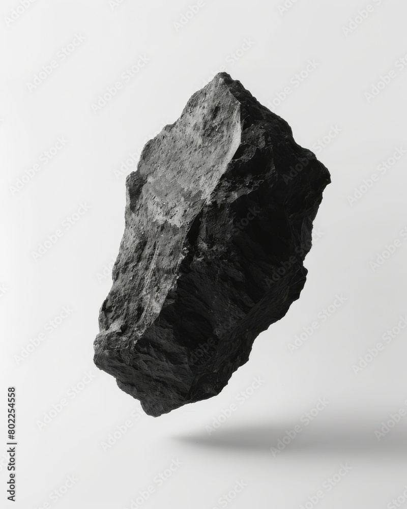Minimalist Black Lava Rock with Reflective Mirror, Surreal Floating on White Background, Abstract Airy Composition Minimalist Black Lava Rock with Reflective Mirror, Surreal Floating on White Background, Abstract Airy Composition
