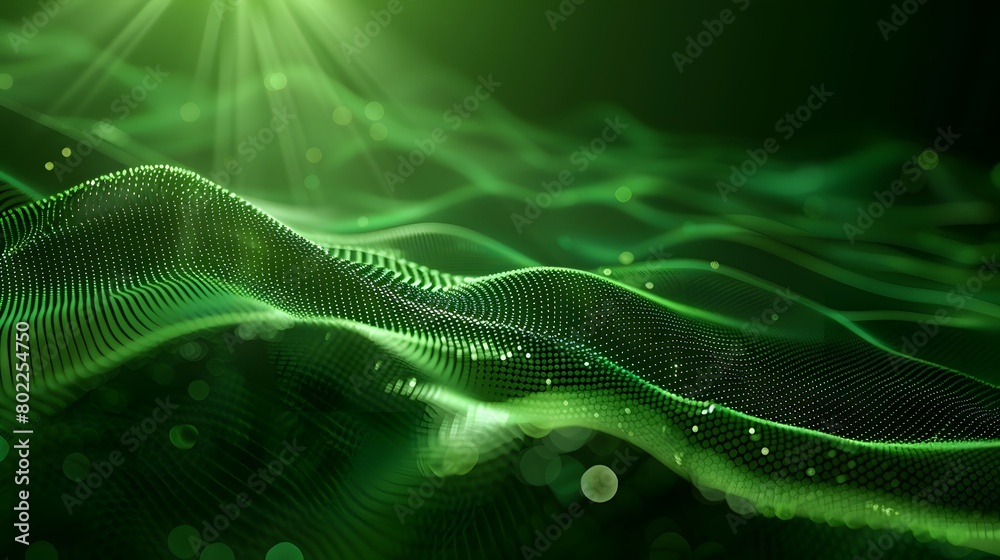 Abstract green particle background. Flow wave with dot landscape. Digital data structure. Future mesh or sound grid. Pattern point visualization. Technology vector illustration. Abstract green particle background. Flow wave with dot landscape. Digital data structure. Future mesh or sound grid. Pattern point visualization. Technology vector illustration.