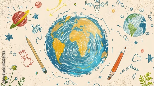 Painting of A globe, some pencils in a jar