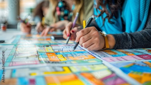 A group of people are drawing on a large map together.