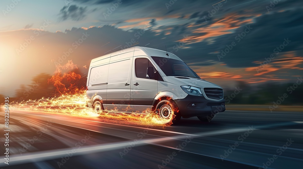 White modern delivery small shipment cargo courier van engulfed in flames moving fast on motorway