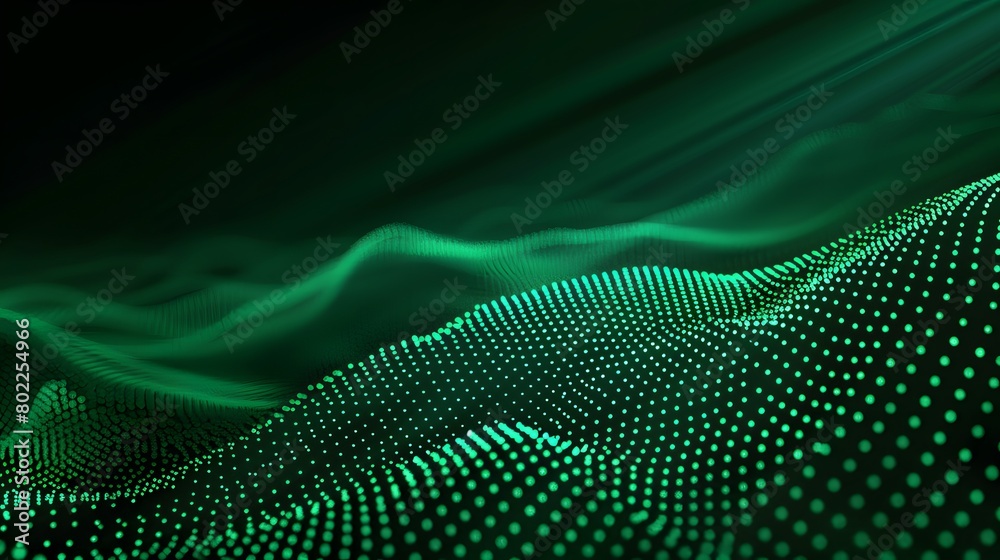 Abstract green particle background. Flow wave with dot landscape. Digital data structure. Future mesh or sound grid. Pattern point visualization. Technology vector illustration.