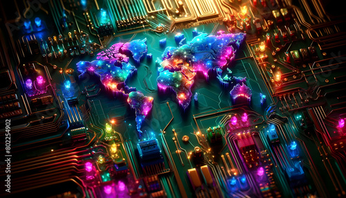 a circuit board with an artistic representation of a world map, where the continents are highlighted with glowing orange lights. This design emphasizes digital connectivity and technological advanceme © KeetaKawee