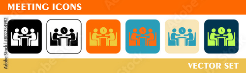 Meeting icons set. 6 style icons with various colors. For sign, symbol, web design or web graphics. 