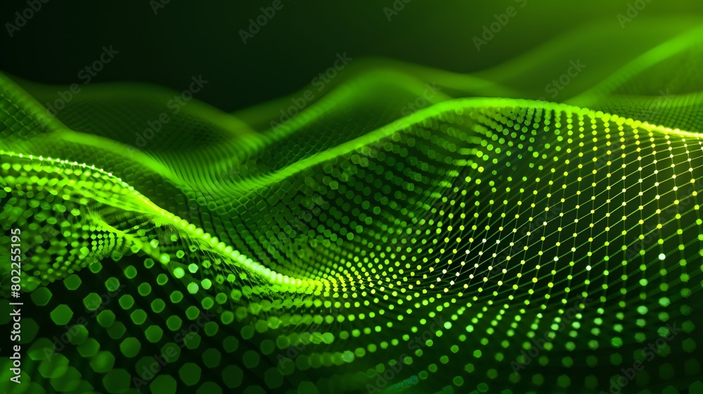 Obraz premium Abstract green particle background. Flow wave with dot landscape. Digital data structure. Future mesh or sound grid. Pattern point visualization. Technology vector illustration.