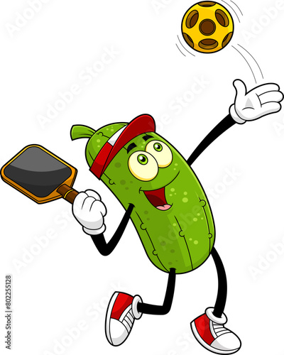 Funny Pickle Cartoon Character Playing Pickleball. Vector Hand Drawn Illustration Isolated On Transparent Background