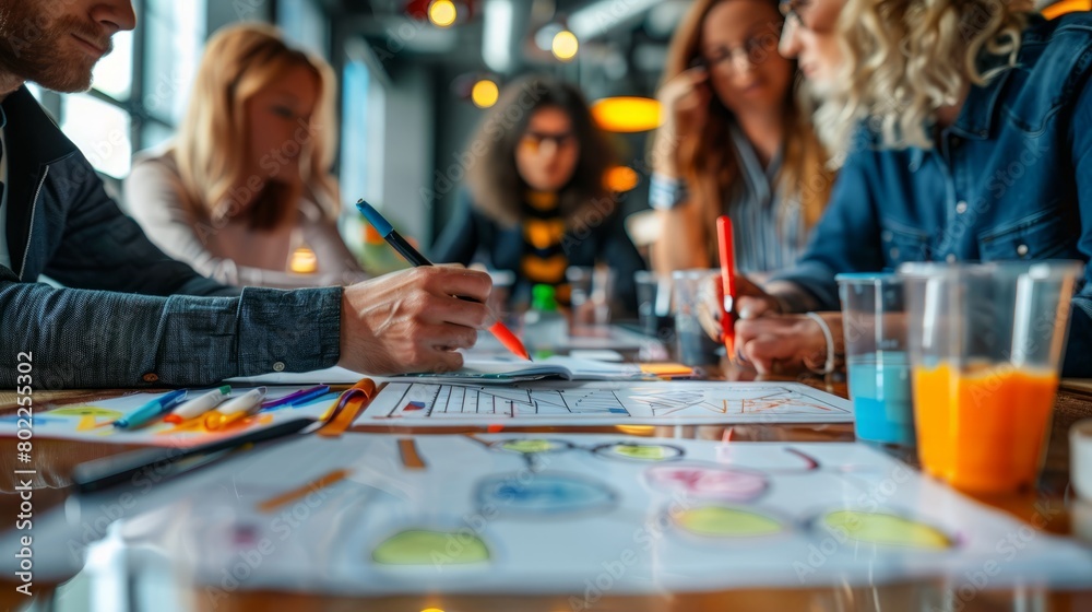 A group of people are working on a project together. They are brainstorming ideas and using markers to draw on paper.