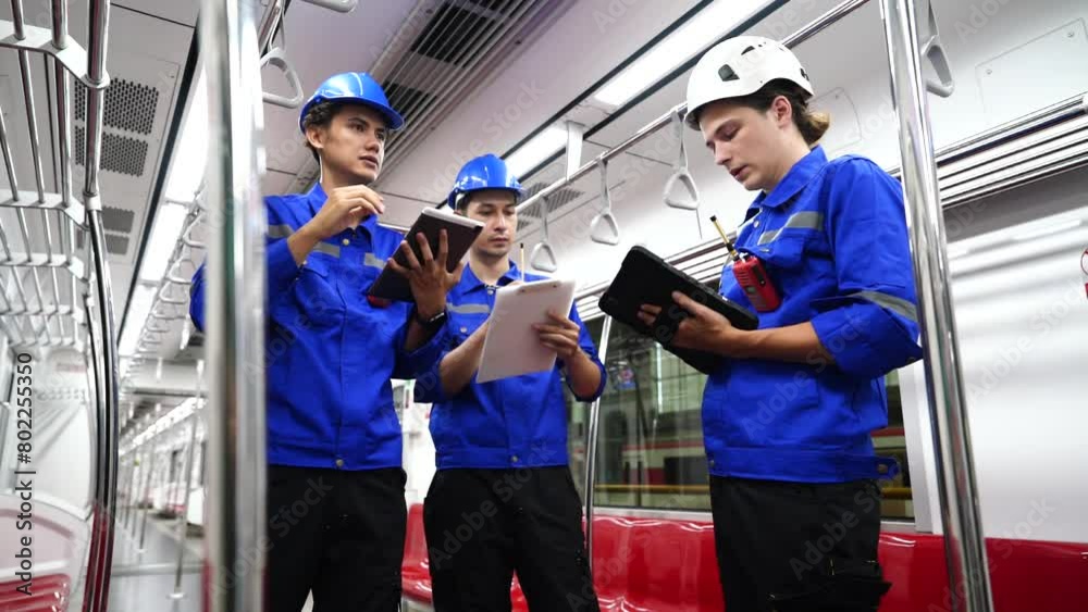 team of male engineers wearing a uniform carrying radios inspect the safety of electric trains and the cleanliness of electric trains in the electric train maintenance station.