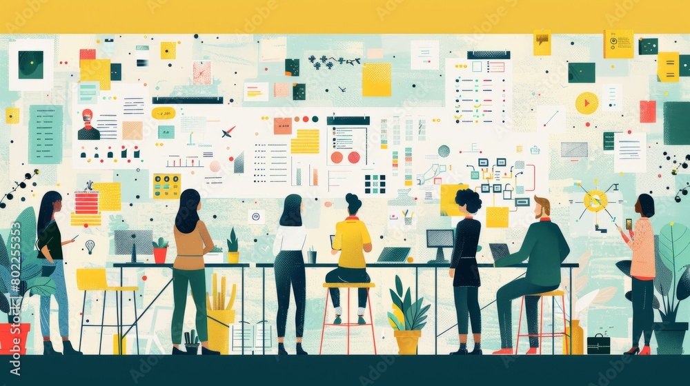 A group of people are working together in an office. They are using sticky notes, whiteboards, and computers to brainstorm ideas. The office is decorated with plants and artwork.