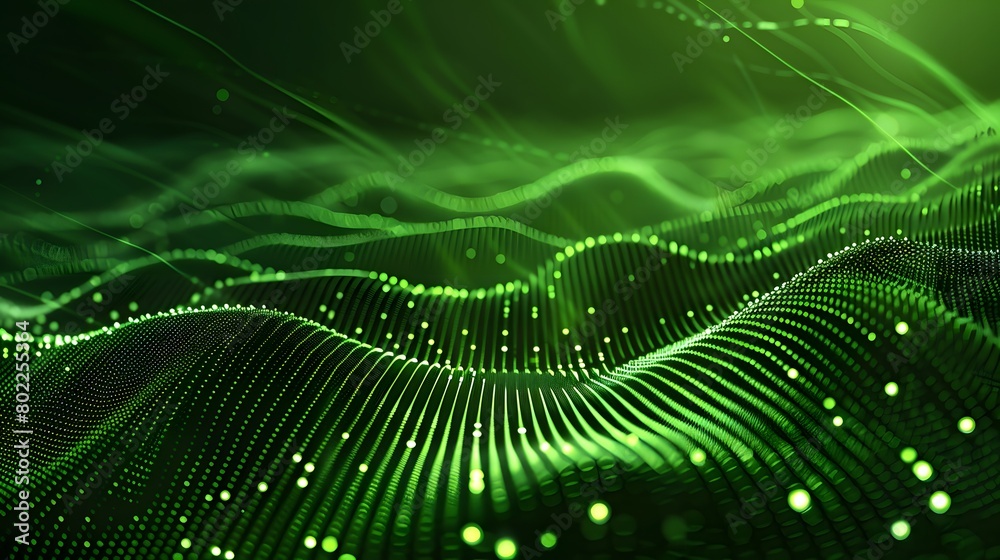 Abstract green particle background. Flow wave with dot landscape. Digital data structure. Future mesh or sound grid. Pattern point visualization. Technology vector illustration. Abstract green particle background. Flow wave with dot landscape. Digital data structure. Future mesh or sound grid. Pattern point visualization. Technology vector illustration.