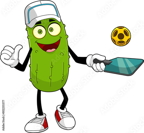 Funny Pickle Cartoon Character Present Pickleball Sport. Vector Hand Drawn Illustration Isolated On Transparent Background