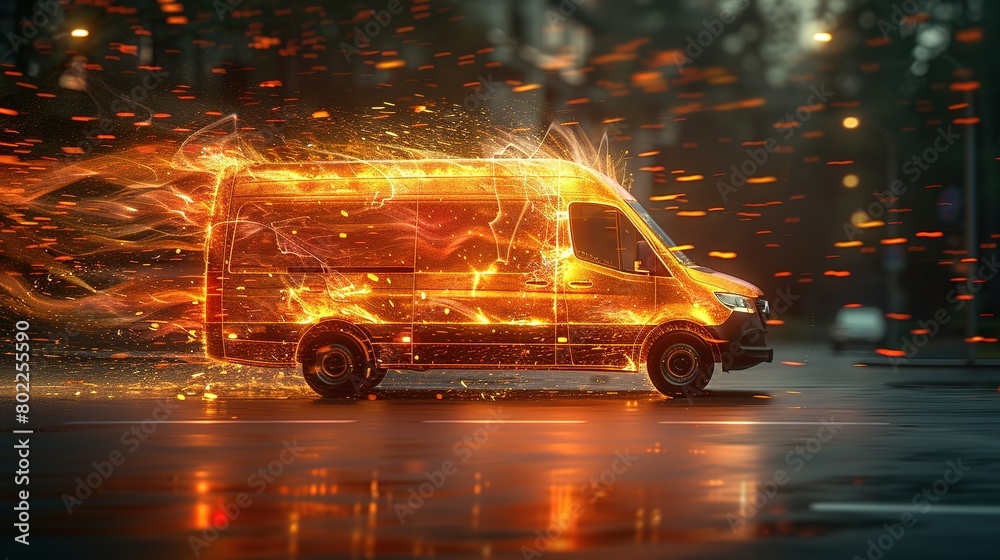 White modern delivery small shipment cargo courier van engulfed in flames moving fast on motorway White modern delivery small shipment cargo courier van engulfed in flames moving fast on motorway