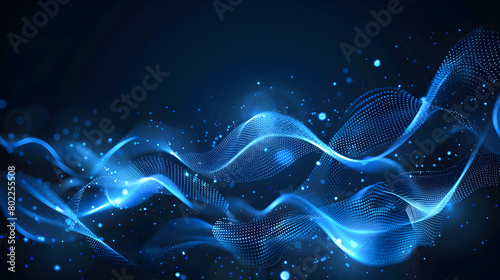 Abstract blue wavy dots with blurred light curved lines background. Generative AI.
