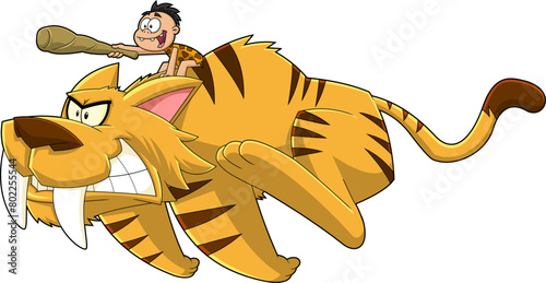 Happy Caveman Kid Ride Saber-Toothed Tiger. Cartoon Characters Vector Hand Drawn Illustration Isolated On Transparent Background