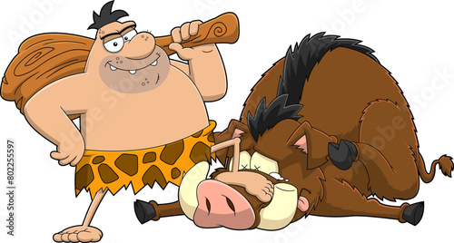 Happy Caveman With Club And Trophy Boar Cartoon Characters. Vector Hand Drawn Illustration Isolated On Transparent Background © HitToon.com