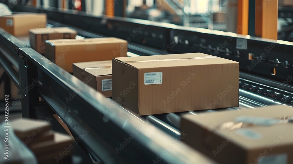 Conveyor Belt Transporting Assortment of Cardboard Boxes with Shipping Labels and Stamps in Industrial Photography Style Conveyor Belt Transporting Assortment of Cardboard Boxes with Shipping Labels and Stamps in Industrial Photography Style