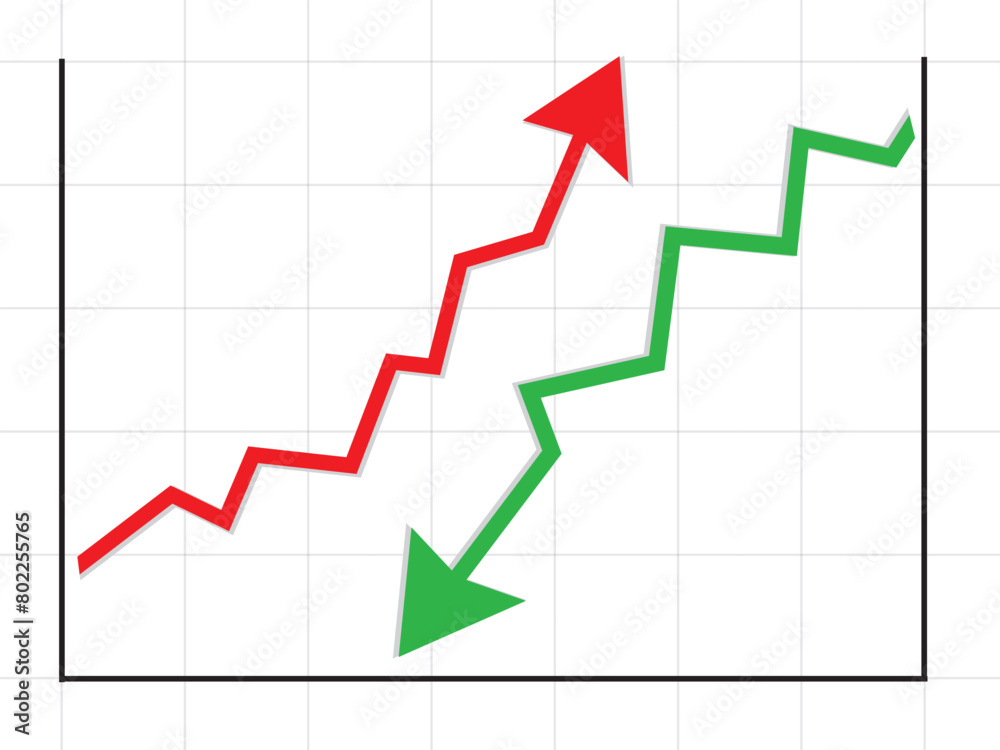 Graph going Up and Down sign with green and red arrows vector. Flat design vector illustration concept of sales bar chart symbol icon with arrow moving down and sales bar chart with arrow moving up. Graph going Up and Down sign with green and red arrows vector. Flat design vector illustration concept of sales bar chart symbol icon with arrow moving down and sales bar chart with arrow moving up.
