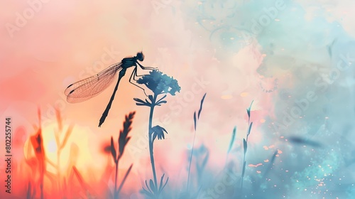 Delicate Dragonfly Silhouette Perched on Vibrant Watercolor Flower