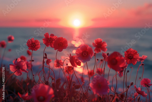 Sunset over the ocean with vibrant poppies in the foreground