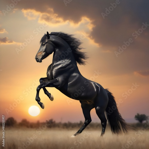 a-big-black-stallion-stands-on-the-hind-legs-sunset