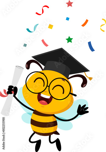 Graduate School Bee Cartoon Character Holding Certificate Jumping. Vector Illustration Flat Design Isolated On Transparent Background