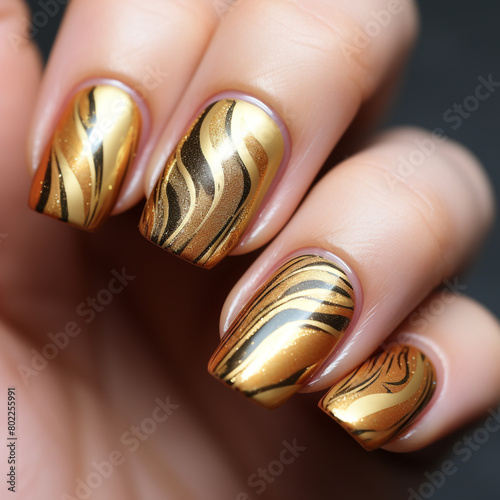 golden nail polish on nails shows photo