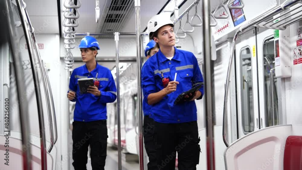 team of male engineers wearing a uniform carrying radios inspect the safety of electric trains and the cleanliness of electric trains in the electric train maintenance station. team of male engineers wearing a uniform carrying radios inspect the safety of electric trains and the cleanliness of electric trains in the electric train maintenance station.