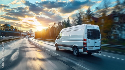 Fototapeta Naklejka Na Ścianę i Meble -  White modern delivery small shipment cargo courier van moving fast on motorway road to city