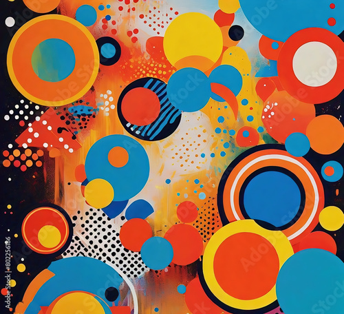 Modern art, abstract colorful background with circles, strokes, splashes and dots. Contemporary art collage. Vector illustration for design 