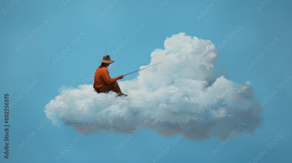 Fototapeta premium Fisherman sitting on a cloud in surreal blue sky