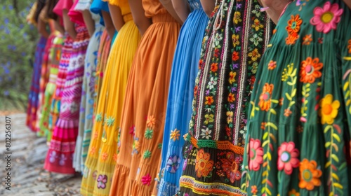 A group of women wearing colorful traditional Mexican dresses with floral embroidery.