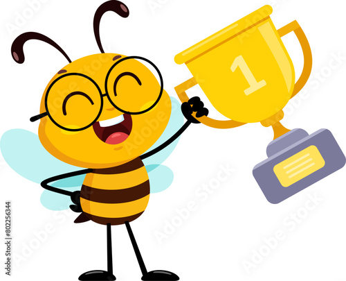 Cute School Bee Cartoon Character Holding A Gold Cup Trophy. Vector Illustration Flat Design Isolated On Transparent Background © HitToon.com