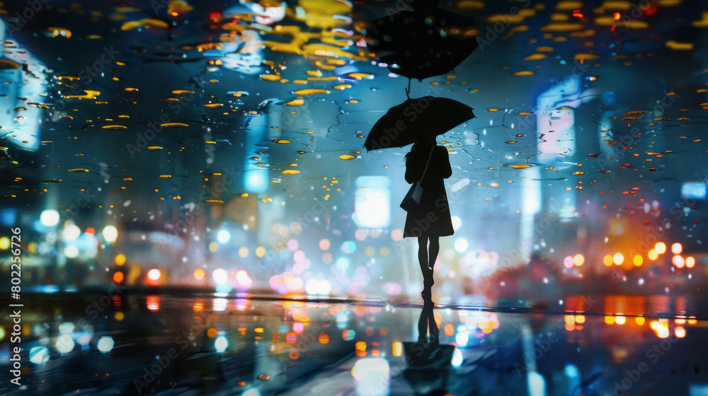 Silhouette of woman with umbrella against illuminated rainy cityscape