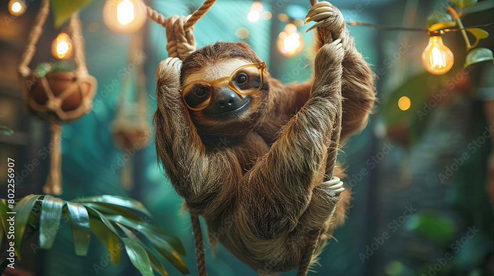 Fototapeta premium A stylish sloth hanging elegantly, symbolizing relaxed and effortless fashion, perfect for laidback brands