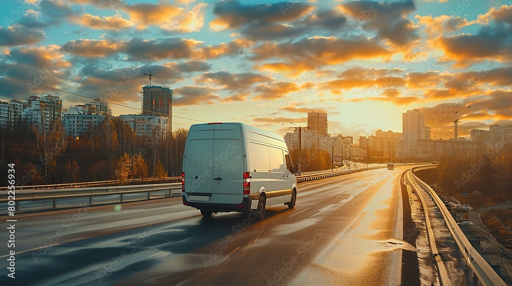 White modern delivery small shipment cargo courier van moving fast on motorway road to city White modern delivery small shipment cargo courier van moving fast on motorway road to city