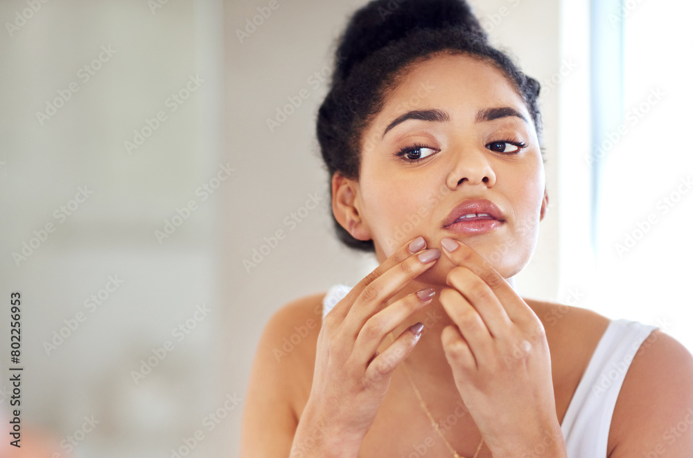 Skincare, face and woman popping pimple in mirror with mockup, dirt or scar on skin in home. Dermatology, facial wellness and girl in bathroom to squeeze acne, checking reflection or morning routine Skincare, face and woman popping pimple in mirror with mockup, dirt or scar on skin in home. Dermatology, facial wellness and girl in bathroom to squeeze acne, checking reflection or morning routine