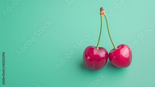 Two glossy cherries on a vibrant turquoise background © standret