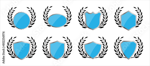 Shield and laurel wreath template design set for classic style logo with shiny effect in blue color. Classic logo template vector set.