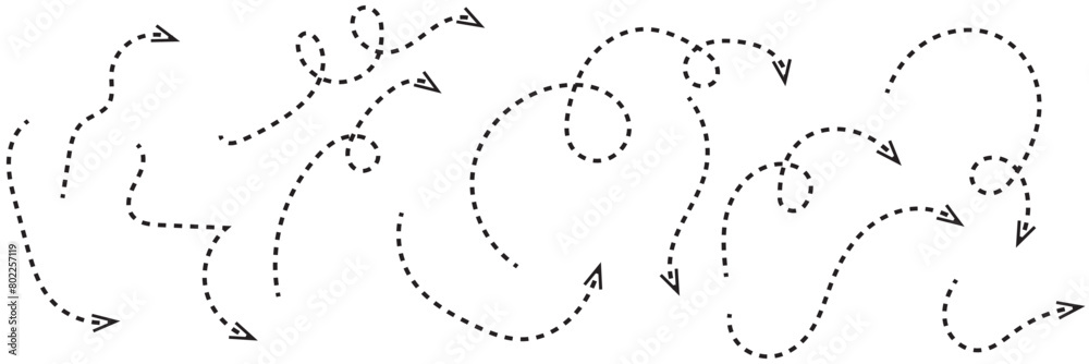 Clean dot style hand drawn doodle arrows set. Clean dot arrows style doodle set hand drawn. Curve Dotted line, preliminary. vector illustration. EPS 10/AI