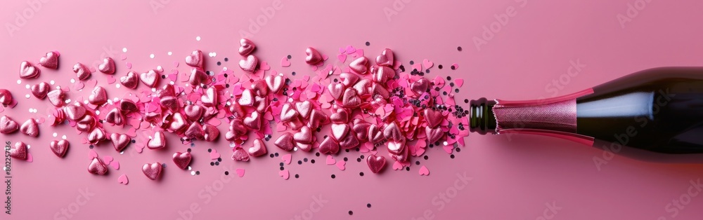 Pink Heart Confetti and Champagne for Valentine's Day - Creative Flat Lay on Pastel Background with Copy Space