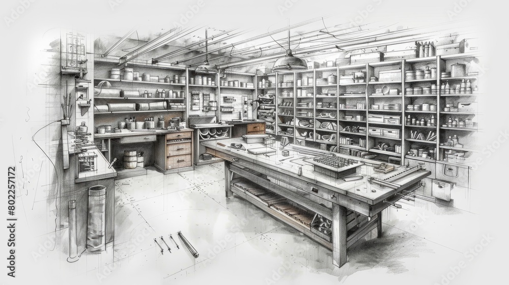 A large workshop with a workbench, shelves, and tools.