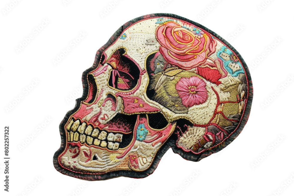 Floral Day of the Dead sugar skull embroidered patch isolated on transparent background. Halloween concept. Design for sticker, print, banner