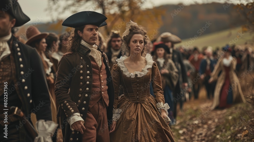 A man and a woman in colonial-era clothing are walking through a forest.