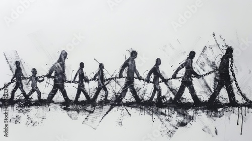A line of people, linked together by chains, walking towards an uncertain future.